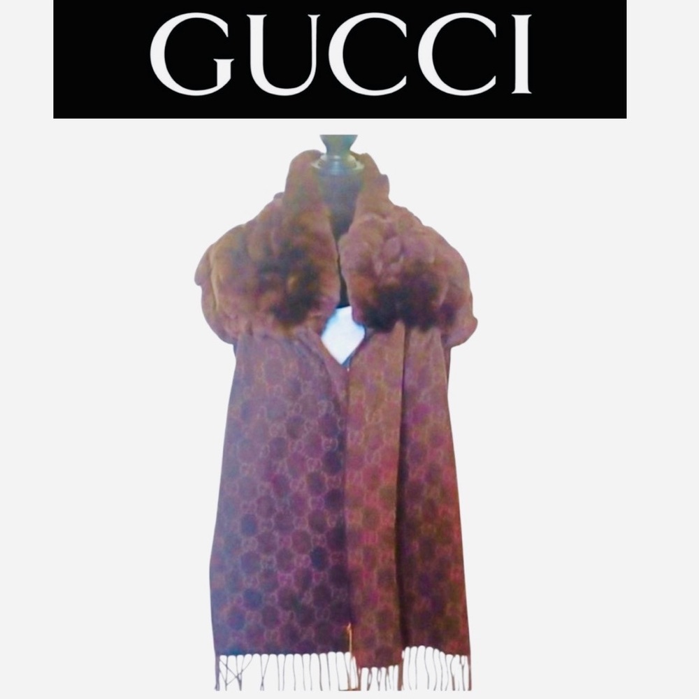 GUCCI Cashmere Reversible Shawl w/Rabbit Fur in Chocolate Brown, Authentic. NWT